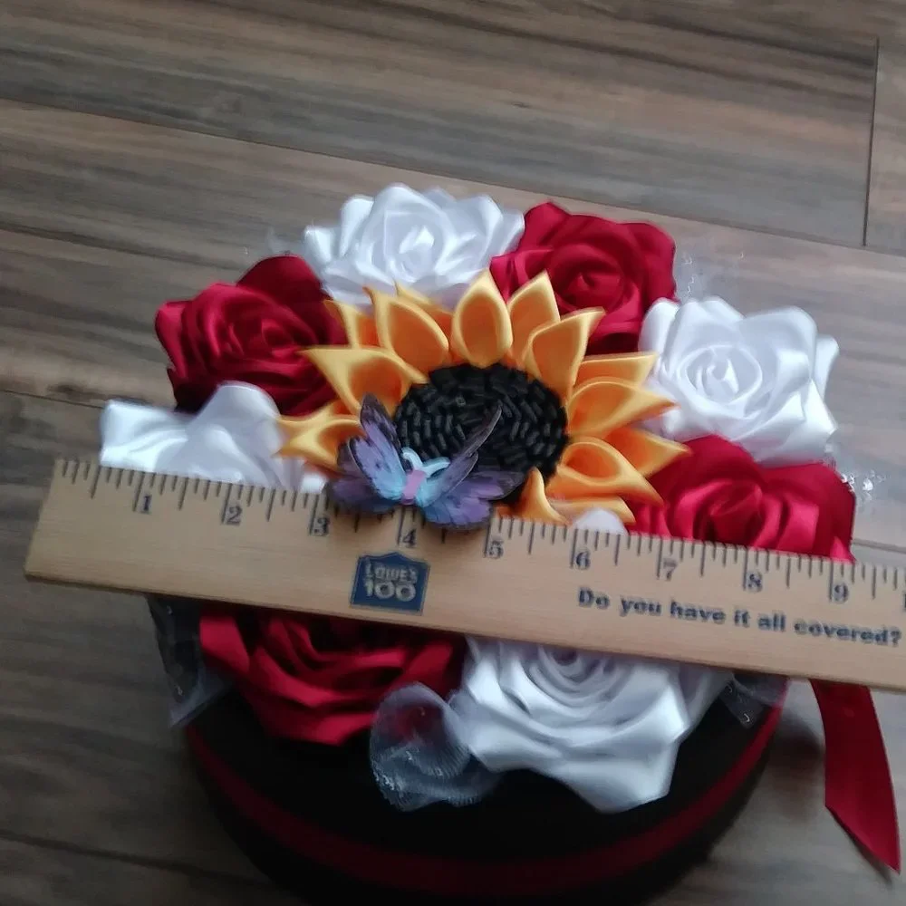 Satin Ribbon Eternity Roses Handmade Rose Box Floral Arrangement (Round BlackBox